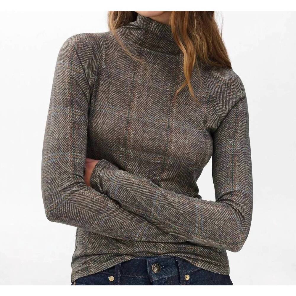 NEW RAG & BONE shawl plaid turtleneck tee in brown multi - Picture 3 of 4